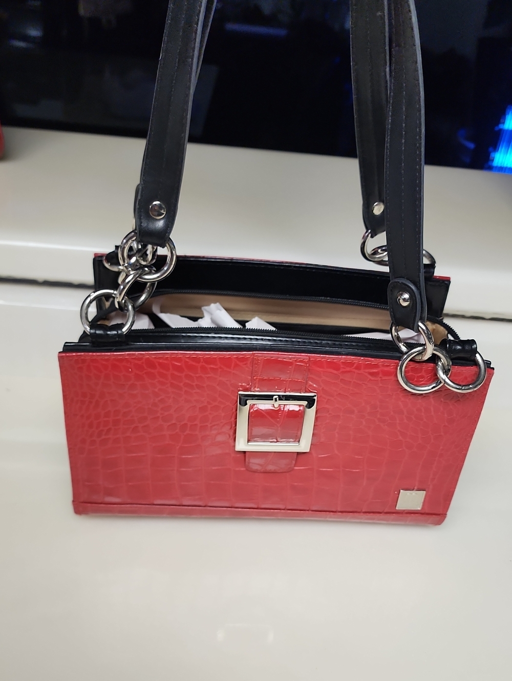 MICHI Red Croc-Embossed Shoulder Bag with Black Straps